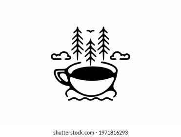 Black line art illustration of coffee cup and pine trees design