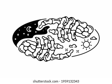 Black line art illustration of day and night skeleton design