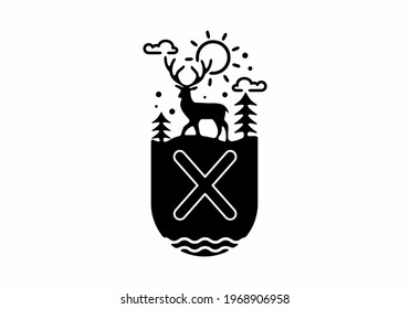 Black line art illustration of deer badge with X initial name in the middle design