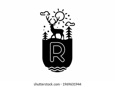 Black line art illustration of deer badge with R initial name in the middle design