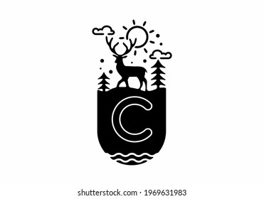 Black line art illustration of deer badge with C initial name in the middle design