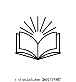 A black line art illustration depicts an open book with pages visible. Above the book, a sunburst pattern of rays emanates.