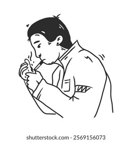 black line art illustration drawing of a man with lighter