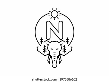Black line art illustration of elephant head with N initial letter design