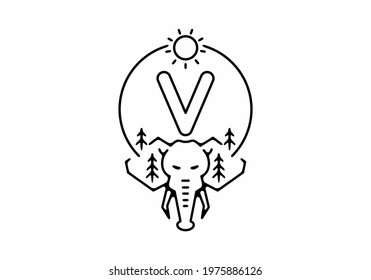 Black line art illustration of elephant head with V initial letter design