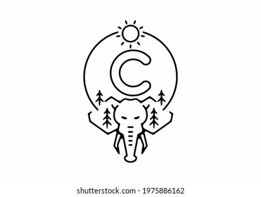 Black line art illustration of elephant head with C initial letter design