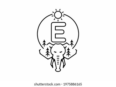 Black line art illustration of elephant head with E initial letter design