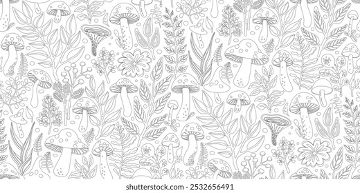 Black Line Art Illustration featuring a Seamless Pattern of Various Mushrooms and Plants, Herbs and Leaves on White Background. Design for Coloring pages, Textiles, Fabrics, Wallpapers, Wrappings.