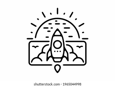 Black line art illustration of flying rocket in rectangle shape design