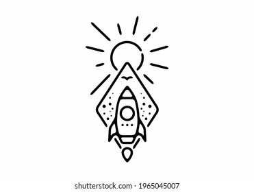 Black line art illustration of flying rocket in diamond shape design