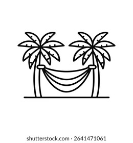 Black Line Art Illustration of Hammock Between Two Palm Trees Tropical Vacation Relaxation Summer Holiday Beach Scene Simple Minimalist Design