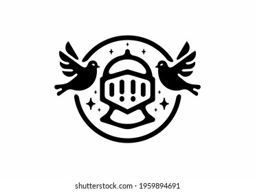 Black line art illustration of iron warrior helmet and bird design