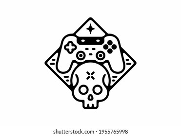 Black line art illustration of joystick and skull design