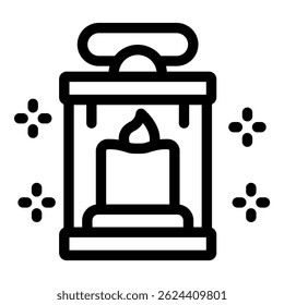 Black line art illustration of a lantern containing a flickering candle, emitting light