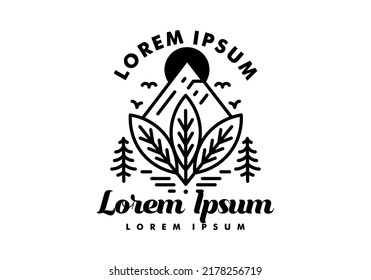 Black line art illustration of Leaf, mountain and sun