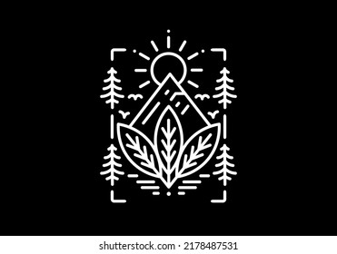 Black line art illustration of Leaf, mountain and sun