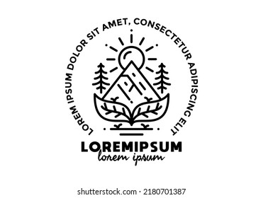 Black line art illustration of Leaf, mountain and sun
