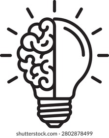 A black line art illustration of a light bulb with a brain inside, surrounded by lines radiating outward, symbolizing ideas and innovation