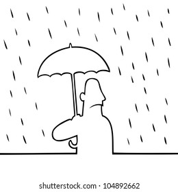Black line art illustration of a man with umbrella in the rain.