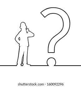 Black line art illustration of a man looking at a question mark.