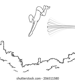 Black line art illustration of a man diving off a diving board into a big pile of money. EPS8. No transparencies.