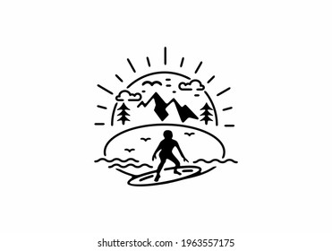 Black line art illustration of mountain and beach surfing design