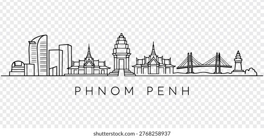 A black line art illustration of Phnom Penh city skyline featuring various buildings, temples, and a bridge on a transparent background with grey and white checkered pattern