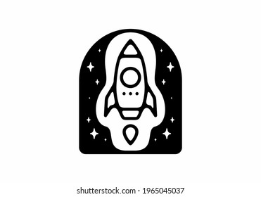 Black line art illustration of rocket in window frame shape design