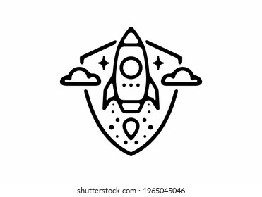 Black line art illustration of rocket in shield shape design