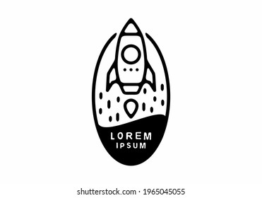 Black line art illustration of rocket in stand oval shape design