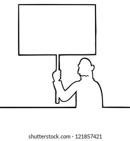 Black line art illustration of a sad man holding a protest sign.