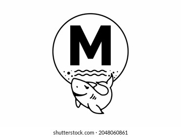 Black line art illustration of shark with M initial letter design