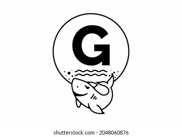 Black line art illustration of shark with G initial letter design