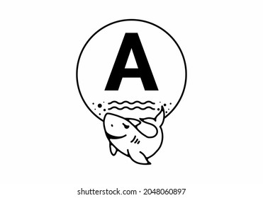 Black line art illustration of shark with A initial letter design