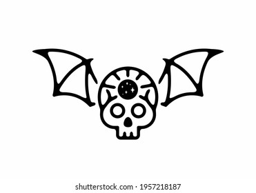 Black line art illustration of skeleton head with bat wings design