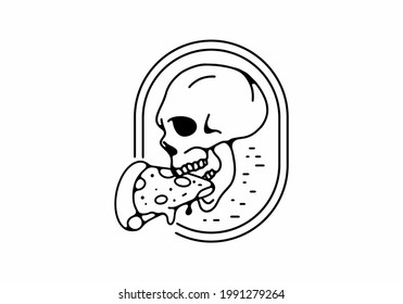 Black line art illustration of skeleton head and pizza design