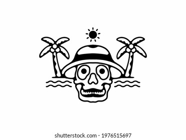 Black line art illustration of skull beach design