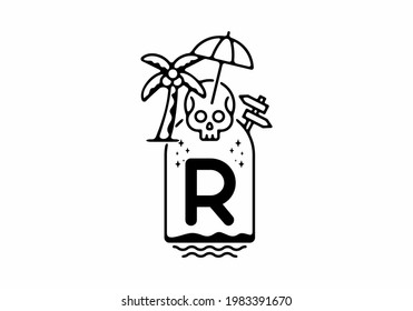 Black line art illustration of skull beach with R initial letter design