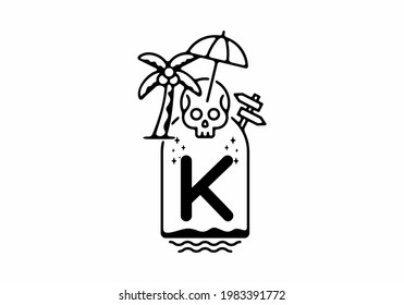 Black line art illustration of skull beach with K initial letter design