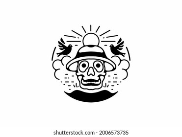 Black line art illustration of skull wearing hat design