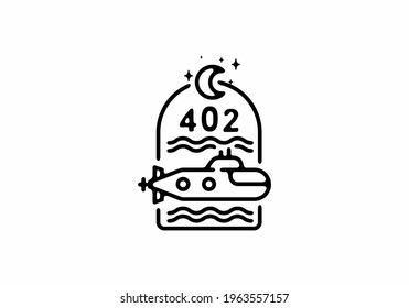 Black line art illustration of submarine in ocean design