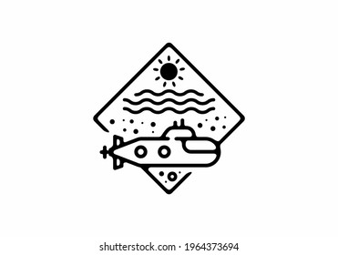 Black line art illustration of submarine design in a tilted square shape
