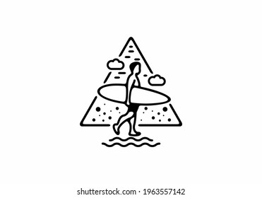 Black line art illustration of surfer in the beach design