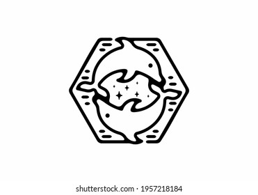 Black line art illustration of twin dolphin design