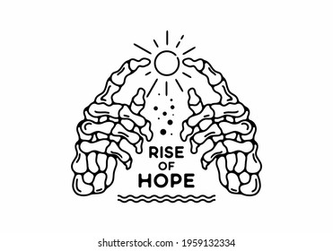 Black line art illustration of two skeleton hand with sun design