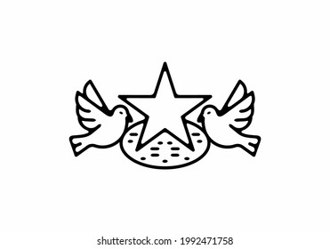 Black line art illustration of two bird and star design