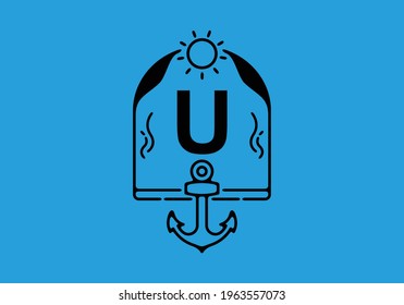Black line art illustration of U initial letter in anchor frame design