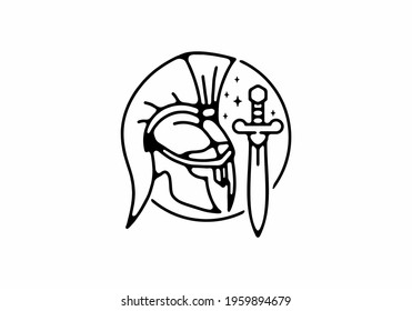 Black line art illustration of warrior helmet and sword design