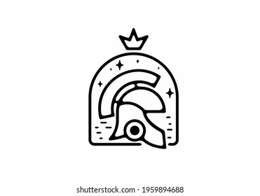 Black line art illustration of warrior helmet with crown design