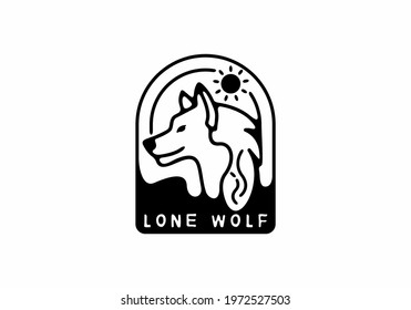 Black line art illustration of wild wolf in window frame shape design